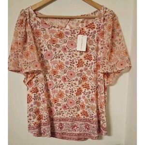 Women's Lucky Brand Top Size XL Pink Floral Knit Sheer Flutter Sleeve Pink NWT